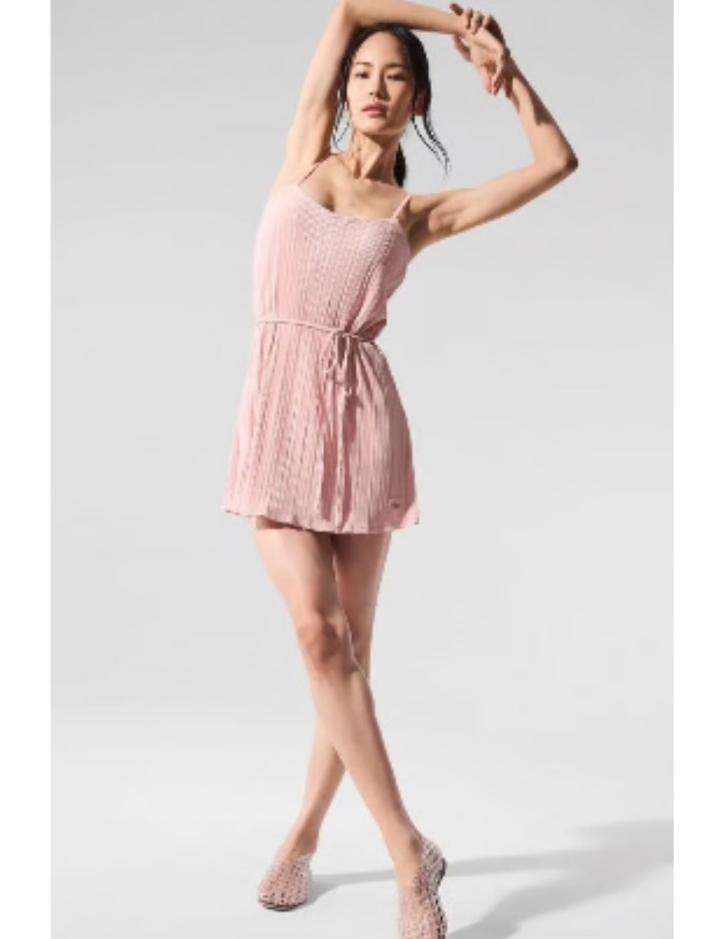 ALO Yoga Light Pink Spaghetti-Strap Mini Dress with Waist Tie